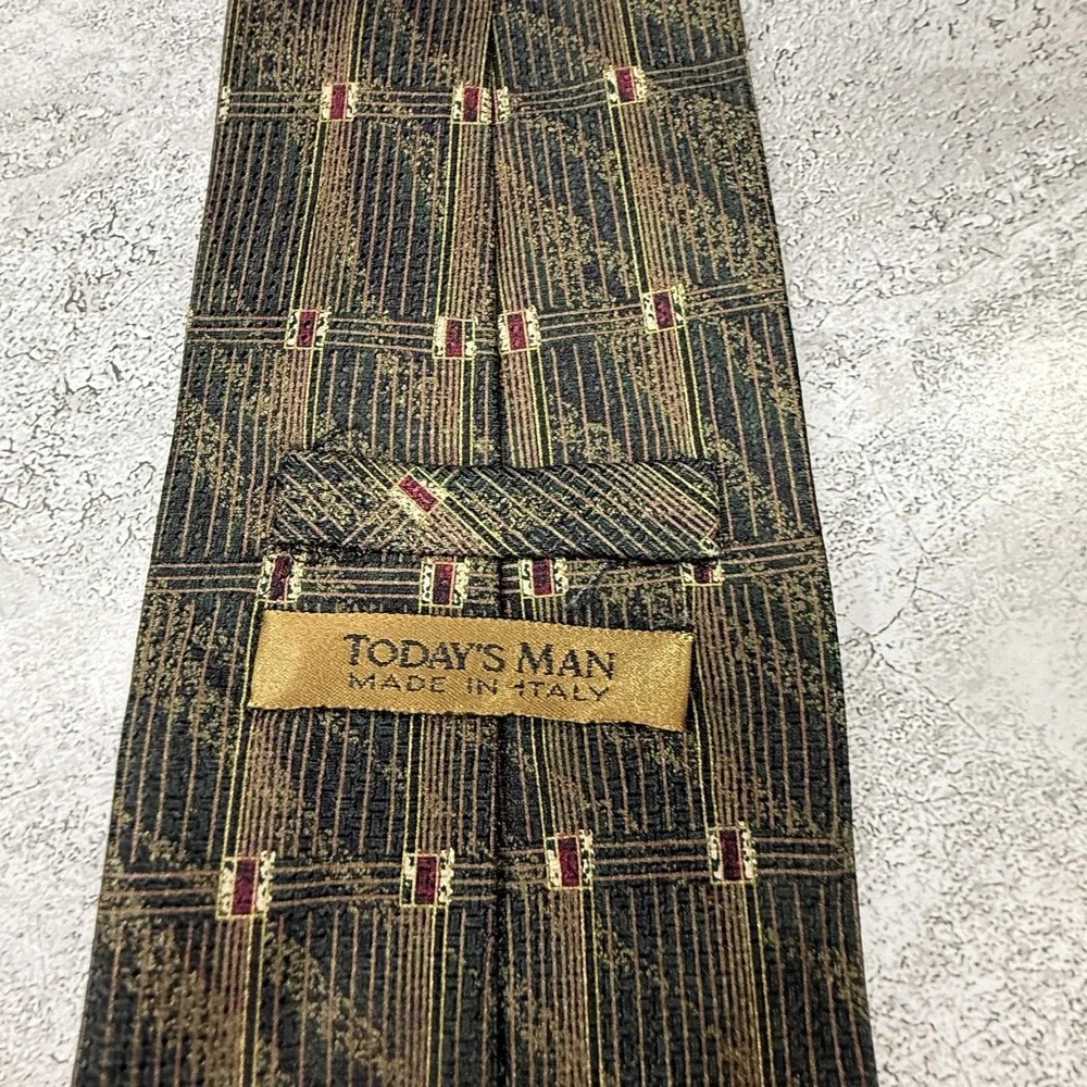 TODAY'S‎ MAN Silk Tie Mens One Size Brown Plaid Jacquard Made In Italy Necktie